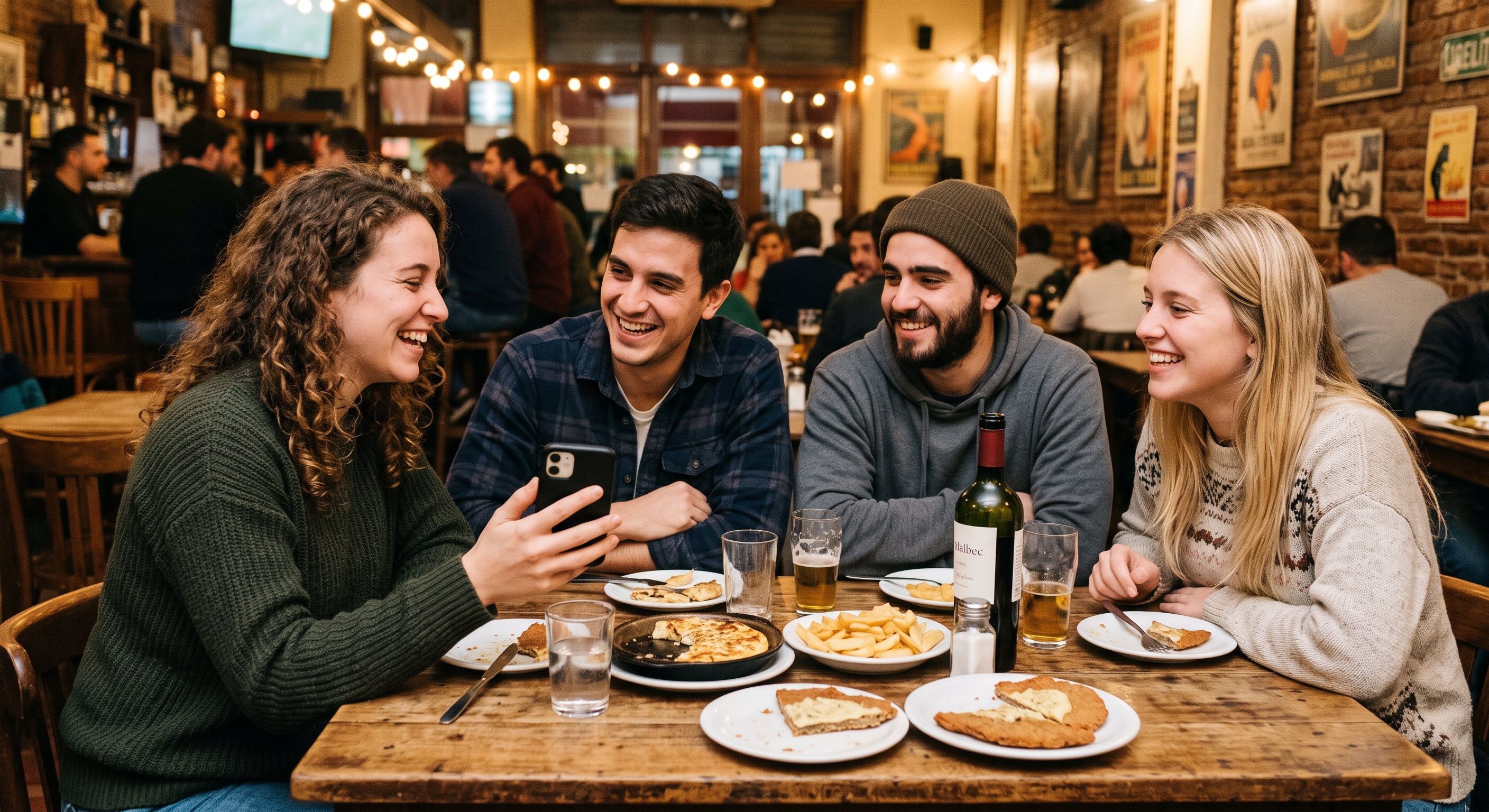 Grupo de amigos en un bar mirando el celular después de dividir la cuenta